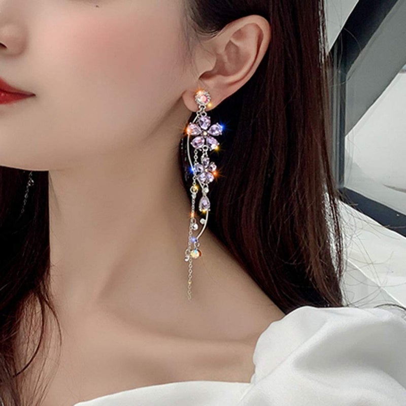 fxmimior Silver Long Flower Earrings Purple Rhinestones Big Dainty Floral Drop Earrings Statement Charm Earring Body Jewelry for Women - Image 2